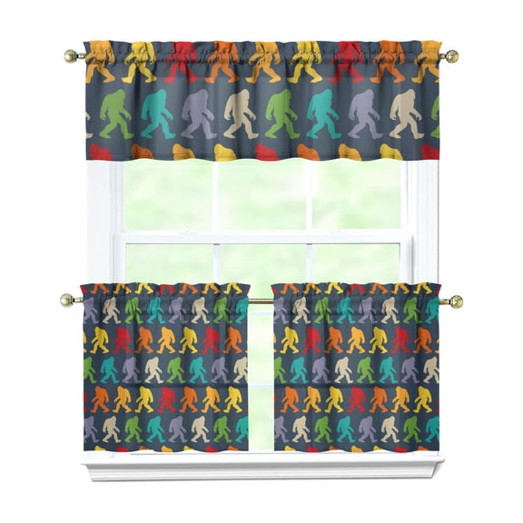 3 PCS Bigfoot Kitchen Curtains Set with Valance - Sasquatch Wilderness Camping Rod Pocket Tier Curtains for Farmhouse Windows (54x18 & 27.5x24 Inch)