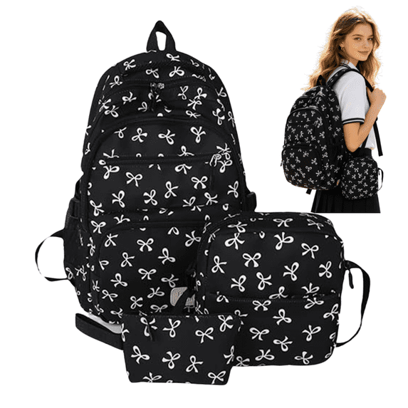 3 PCS Black Fashion Bow Printed Backpack Combo 3 in 1 Water Resistant Casual Backpack Crossbody Purse Mini Cosmetic Bag Set for Travel Office Daily Use