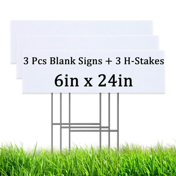 3 PCS Blank Yard Signs with H Metal Stakes, 6 x 24in Corrugated Plastic Garden Lawn Signs for Birthday, Garage Sales, Rent, Construction, Graduations Decorations