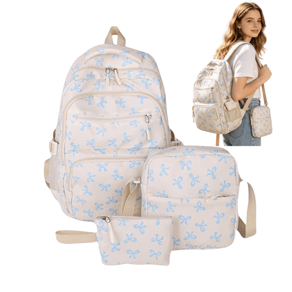 3 PCS Blue Bow Cute Backpack for Her School Bags for Middle School Students Book Bag for Elementary Primary Kawaii Ita Backpack
