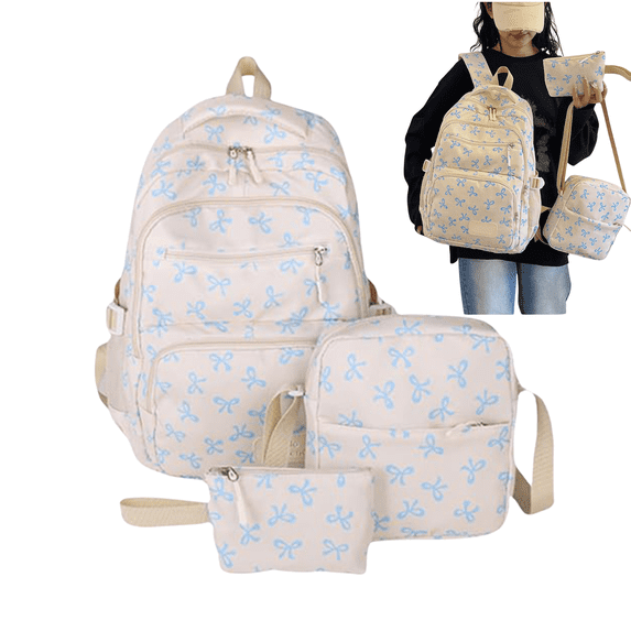 3 PCS Blue Lightweight Bow Pattern Backpack Set for Women Water Repellent Multi Pocket Daily Backpack with Shoulder Bag and Small Storage Pouch Travel Daypack
