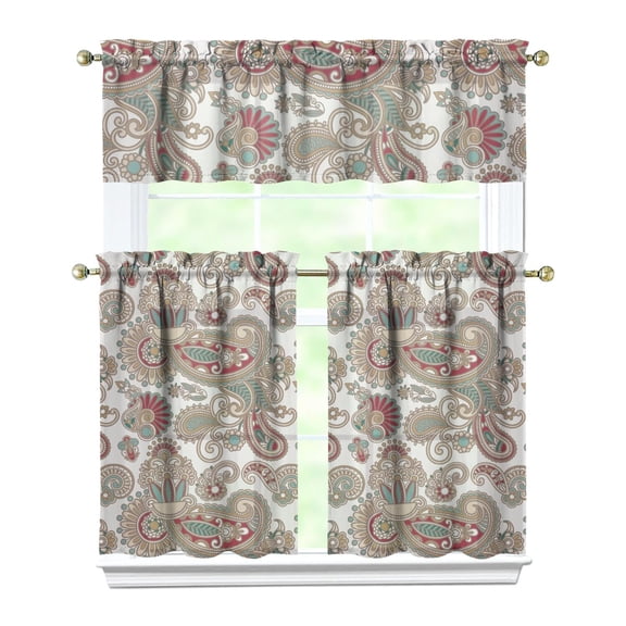 3 PCS Bohemian Paisley Kitchen Curtains Set with Valance - Colorful Vintage Ethnic Floral Pattern Semi-Sheer Tier Curtains for Windows