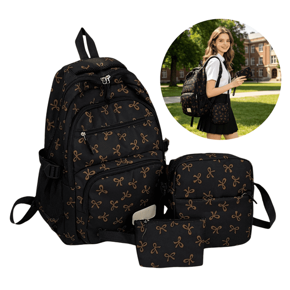 3 PCS Brown Bow Backpack, School Backpack for them, Cute Bow Bookbag for Hers Teens for Elementary Middle High School Student, Back To School