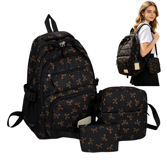 3 PCS Brown Bow School Backpack for Hers Bookbags Elementary High School Cute Bow Bags Women Travel Daypacks Middle School