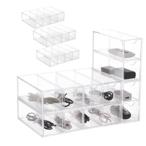 3 Pack Clear Plastic Cable Organizer Box - 4 Compartment Drawer with 30 Elastic Ties, Cord Management for Chargers, Cables, Makeup & Sunglasses