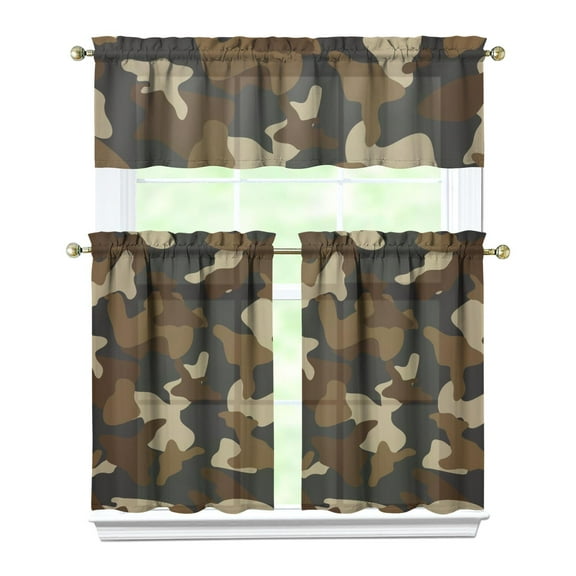 3 PCS Camo Kitchen Curtains Set - Military Camouflage Tactical Army Tier Curtains with Valance, Woodland Desert Jungle Hunting Camo Window Treatment Panels for Farmhouse