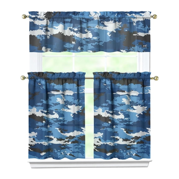 3 PCS Camo Kitchen Curtains Set - Military Camouflage Tactical Army Tier Curtains with Valance, Woodland Desert Jungle Hunting Camo Window Treatment Panels for Farmhouse
