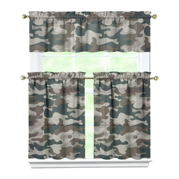 3 PCS Camo Kitchen Curtains Set - Military Camouflage Tactical Army Tier Curtains with Valance, Woodland Desert Jungle Hunting Camo Window Treatment Panels for Farmhouse, Semi-Sheer
