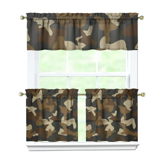 3 PCS Camo Kitchen Curtains Set - Tactical Army Camouflage Tier Curtains & Valance for Hunting, Military, Outdoor - Woodland & Desert Design(54x18 + 2x27.5x24 Inch)