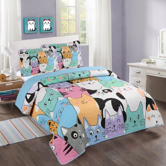 3 PCS Cat Theme Quilt Bedspread Set Lightweight Bedding Set for Bedroom Decor
