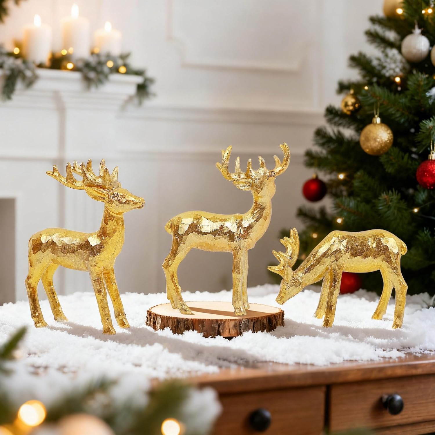 3 PCS Christmas Tabletop Decorations, Resin Golden Reindeer Family