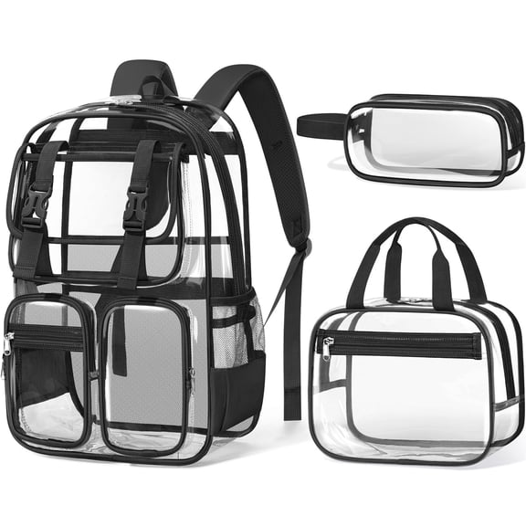 3 PCS Clear Backpack Set - Heavy Duty Stadium Approved Transparent PVC Bookbag with Lunch Box Pencil Case, Black