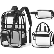 3 PCS Clear Backpack Set - Heavy Duty Stadium Approved Transparent PVC Bookbag with Lunch Box Pencil Case, Black