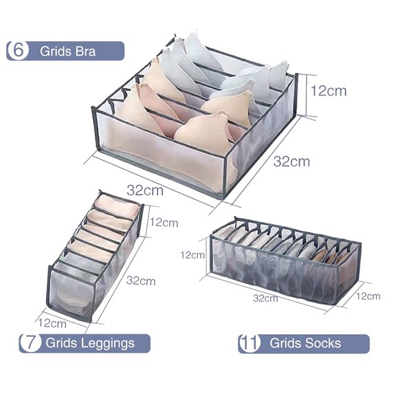 3 PCS Clothes Organizer for Clothes,Drawer Dividers Containers for Wardrobe,Cloth Storage Bins,Washable Foldable Compartment Box for Bedroom Dorm Room,Gray,Storage Socks+Leggings+Bra
