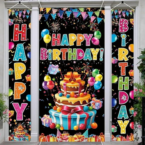 3 PCS Colorful Rainbow Happy Birthday Banner Door Cover Porch Sign Hanging Party Decorations Indoor Outdoor Wall Decor Boys Girls Birthday Party Supplies(Black)