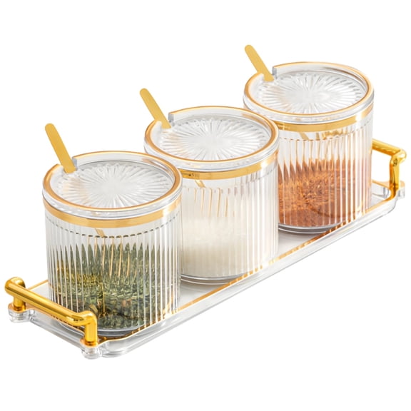 3 PCS Condiment Spice Jars with Tray, Clear Plastic Spice Canisters with Lids Spoons, Seasoning Box Set for Salt, Paprika, Sugar, Pepper, Kitchen Countertop Storage Organizer Set