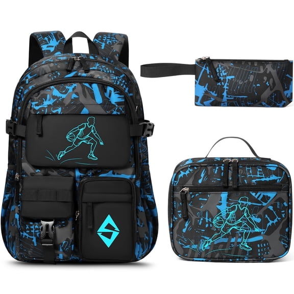 3 PCS Cool Luminous Backpacks with Lunch Box & Pencil Pouch, Glow In The Backpacks Set, Basketball