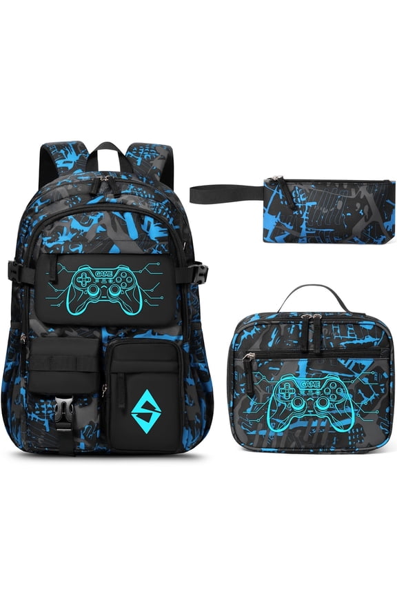 3 PCS Cool Luminous Backpacks with Lunch Box & Pencil Pouch, Glow In The Backpacks Set, Gamepad