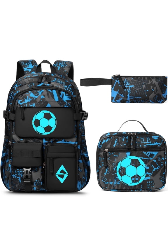 3 PCS Cool Luminous Backpacks with Lunch Box & Pencil Pouch, Glow In The Backpacks Set, Soccer