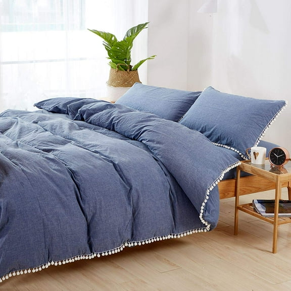 3 PCS Cotton Duvet Cover Set Soft and Breathable Bedding with Pom Pom Trim