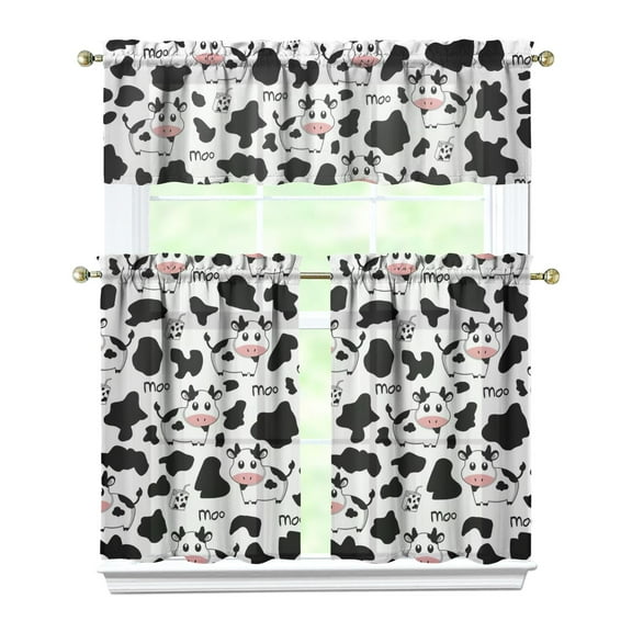 3 PCS Cow Print Kitchen Curtains Set - Farmhouse Tier Curtains with Valance (54x18 + 27.5x36 Inch) for Rustic Decor, Rod Pocket Window Treatment Panels for Cow Lovers