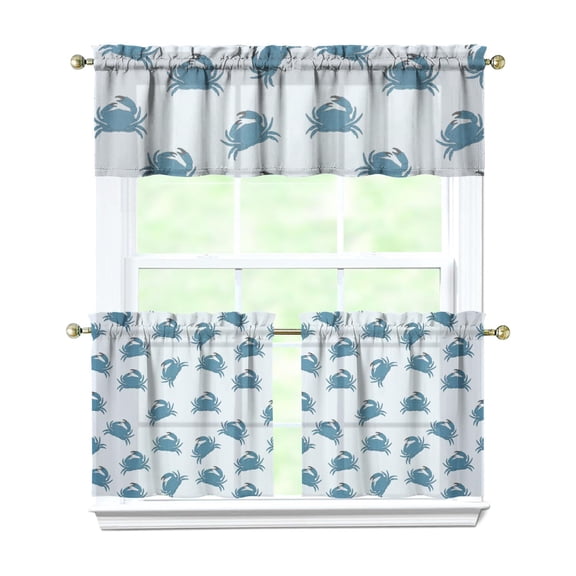 3 PCS Crab & Sea Life Kitchen Curtains Set - 54x18 Inch Valance & 27.5x24 Inch Tier Curtains, Tropical Watercolor Crab Design, Semi-Sheer Farmhouse Window Treatment Panels