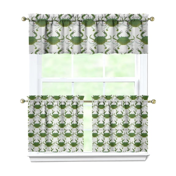 3 PCS Crab & Sea Life Kitchen Curtains Set - 54x18 Inch Valance & 27.5x24 Inch Tier Curtains, Tropical Watercolor Crab Design, Semi-Sheer Farmhouse Window Treatment Panels