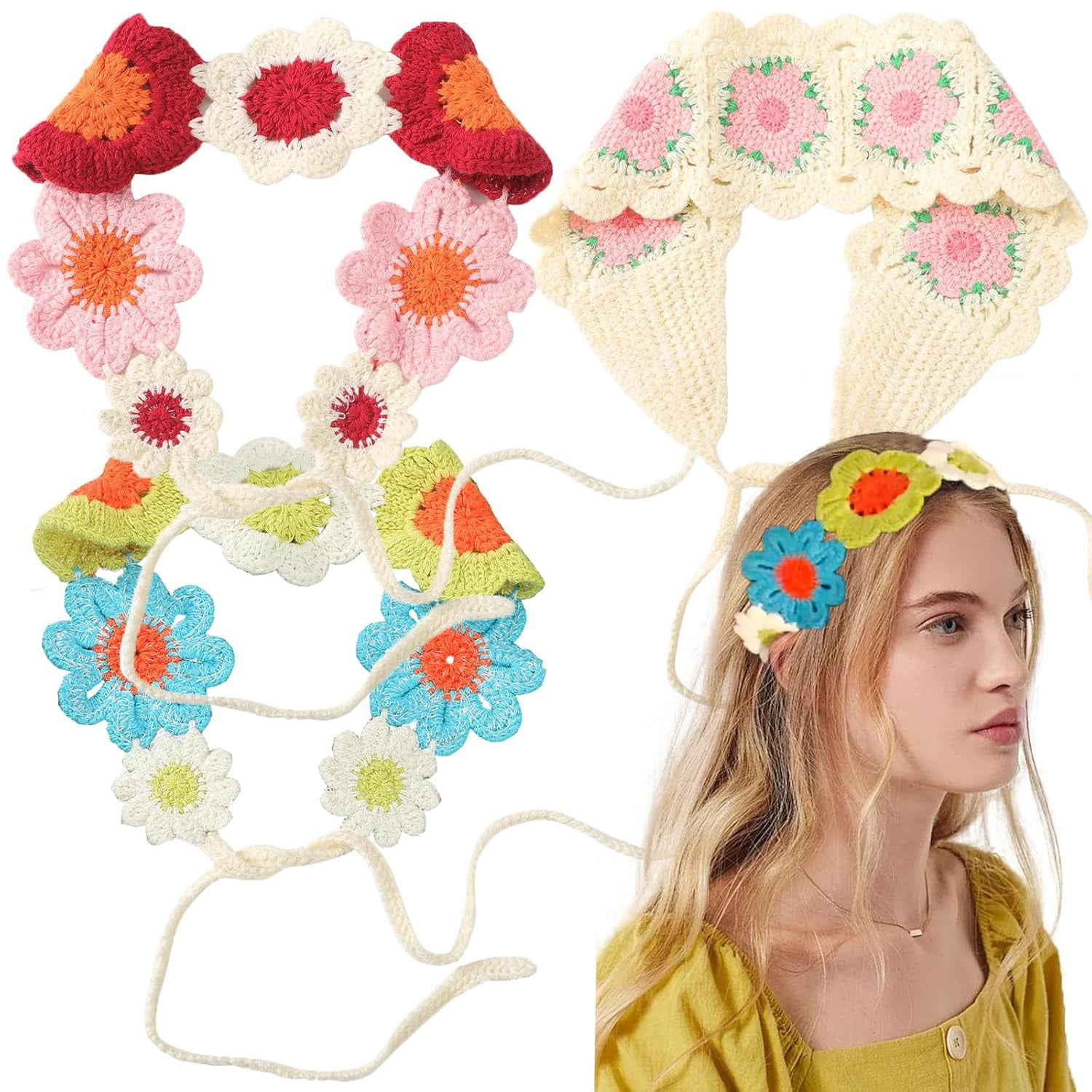 3 PCS Crochet Headband for Women Girls Boho Headband Floral 
