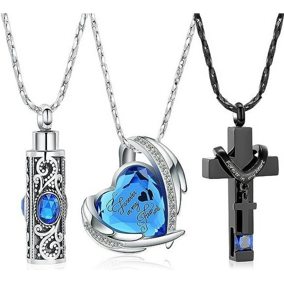 3 PCS Crystal Heart Cremation Urn Necklace for Ashes Keepsake Cremation Jewelry Heart/Cross/Cylinder Urn Necklace for Women Men Loved Ones