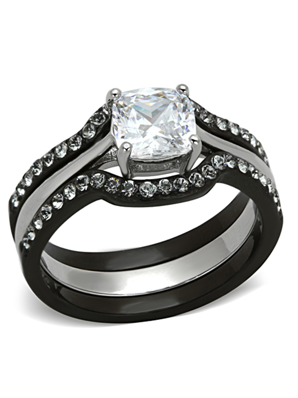 3 PCS Cushion Cut Black IP TwoTone Stainless Steel Wedding Ring Set