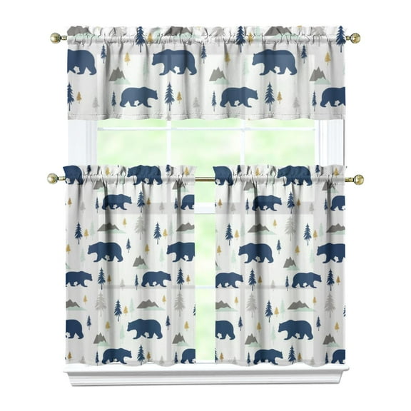 3 PCS Cute Bear Kitchen Curtains - Polar Bear Cartoon Print, Brown Forest Winter Hunting Wild Aesthetic Design, Rod Pocket Window Treatment Panels for Farmhouse Decor