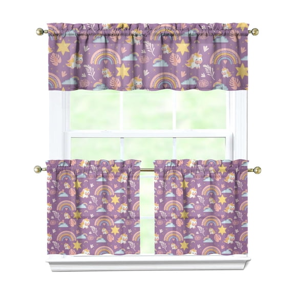 3 PCS Cute Cartoon Kitchen Curtains Set - Fun Kawaii Rainbow Animals & Space Design, Semi-Sheer Tier Curtains with Valance for Kids Room, Farmhouse Window Treatment Panels (54x18 & 27.5x24 Inch)