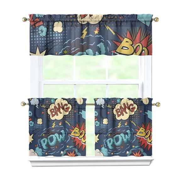 3 PCS Cute Cartoon Kitchen Curtains Set - Fun Kawaii Rainbow Animals & Space Design, Semi-Sheer Tier Curtains with Valance for Kids Room, Farmhouse Window Treatment Panels (54x18 & 27.5x24 Inch)