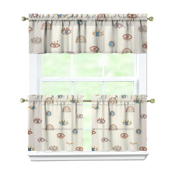 3 PCS Cute Cartoon Kitchen Curtains Set - Fun Kawaii Rainbow Animals & Space Design, Semi-Sheer Tier Curtains with Valance for Kids Room, Farmhouse Window Treatment Panels (54x18 & 27.5x24 Inch)