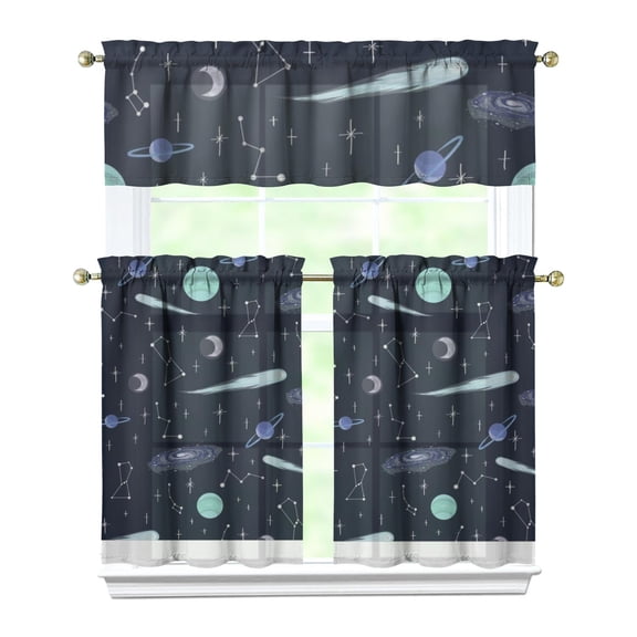 3 PCS Cute Celestial Kitchen Curtains, Star Constellation Moon and Stars Tier Curtains with Valance, Nebula Cosmic Sci-Fi Lovers Window Treatment