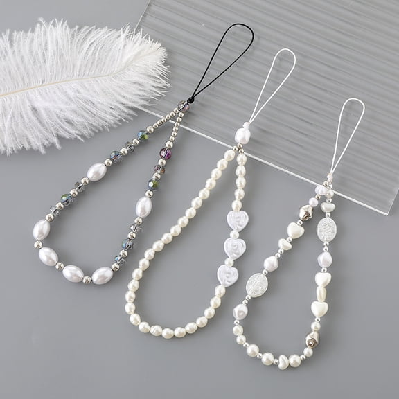 3 PCS Cute Phone Charms Imitation Pearl Beaded Aesthetic Cellphone Wrist Strap Bow Accessories Anti-Theft Chain String for Bag Keychain Airpods Camera Decor