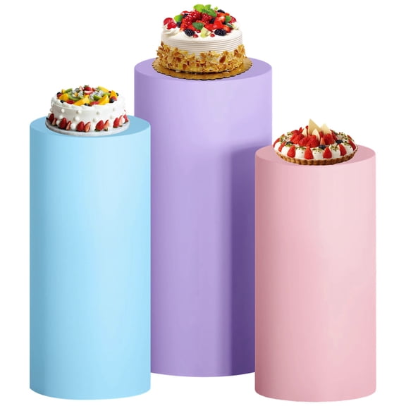 3 PCS Cylinder Stand Covers, 3 Sizes in Pink Blue Purple, Elastic & Wrinkle-Free Polyester Cover for Display Stand Party Decorations, Wedding, Shower, Cake and Dessert Showcases