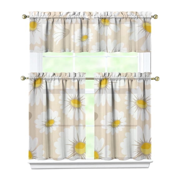 3 PCS Daisy Floral Kitchen Curtains Set with Valance & Tier Panels - Boho Vintage Yellow Flower Print Semi-Sheer Rod Pocket Window Treatments