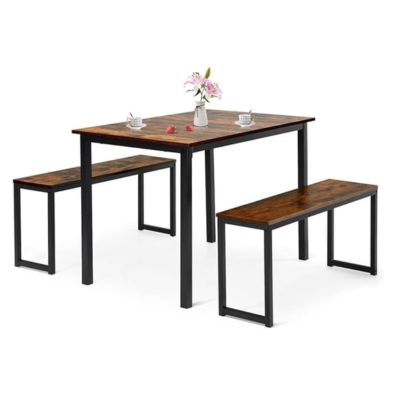 3 PCS Dining Table Set for 4, Rectangular Kitchen Table with 2 Benches, Industrial Counter Height Table Set with Anti-Slip Pads, Heavy Duty Steel Frame for Dining Room, Kitchen, Bar (Coffee)