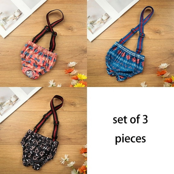 3 PCS Dog Diaper Sanitary Pantie with Suspender Reusable Doggies Period Pants Washable SizeS(Black Letter+Blue+Pink )