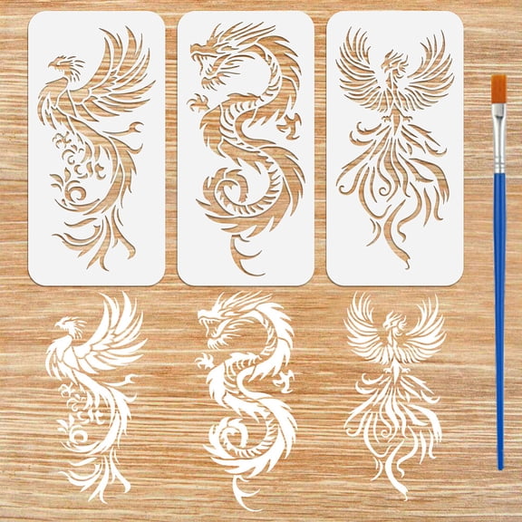3 PCS Dragon Phoenix Stencils for Painting with Brush 5.9x11.8inch Reusable Phoenix with Wings Template Hollowed Dragon Pattern Stencil Plastic
