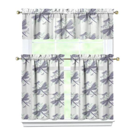 3 PCS Dragonfly Print Kitchen Curtains Set with Valance, Nature Inspired Tier Curtains for Windows, Semi-Sheer Farmhouse Caf Curtains, Rod Pocket Window Treatment Panels for Kitchen, Bathroom