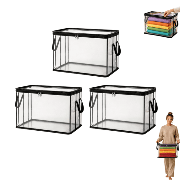 3 PCS Duty Thick Plastic Clear Storage Box with Lid, Stackable Clear Storage Organizer Bin with Reinforced Handles & Zipper Closure for Clothes, Bedding, Moving, Camping & Home Organization