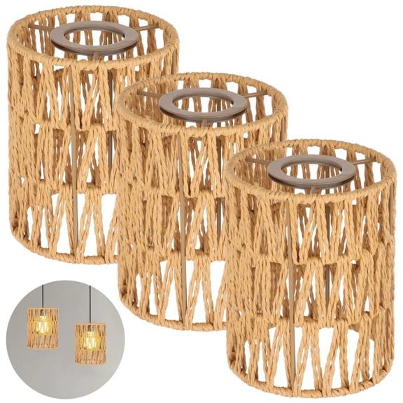 3 Pack E27 Rattan Lampshades – Handwoven Cylinder Lamp Shade, Bohemian Paper Rope & Metal Frame, Natural Wicker Replacement for Table Pendant & Wall Lights, 4.7" x 5.9"