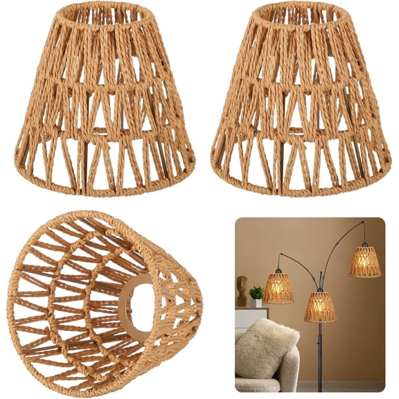 3 PCS E27 Rattan Lamp Shade,Bell Woven Wicker Lampshades Replacement,Paper Rope & Metal Frame,Bohemian Style Light Shade Replacement for Table Lamps,Pendant Lights,Wall Lights