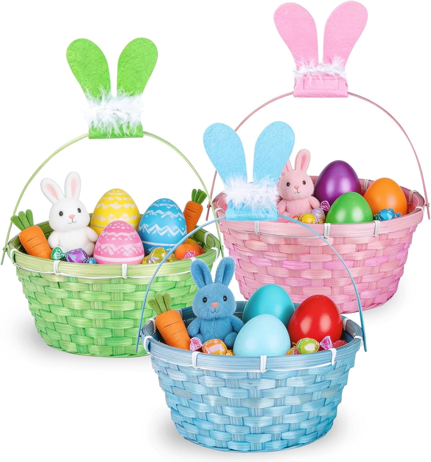 3 PCS Easter Bamboo Baskets Gift with Bunny Ears and Handle, Bunny Easter Basket Woven Easter Eggs Hunting Bucket, Wicker Candy Toys Storage BucketBaskets with Handle for Picnic, Party Favors