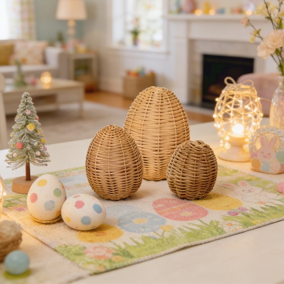 3 PCS Easter Eggs Decorations - Easter Rattan Farmhouse Rustic Hollow Easter Eggs, Easter Home Table Decor, Party Supplies Gifts for Spring Seasonal Indoor Outdoor
