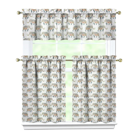 3 PCS Elephant Boho Kitchen Curtains Set with Valance, Bohemian Mandala Paisley Print Tier Curtains, Semi-Sheer Farmhouse Window Panels (54x18 + 27.5x36 Inch)