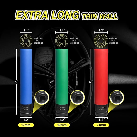 3 PCS Extra Long Lug Nut Socket Set, 1/2" Drive Impact Sockets, 17mm 19mm 21mm 6'' Metric For Thin Wall Deep Socket, Non-Marring Wheel Sockets sets with Colored Protectors Covers & Carry Case