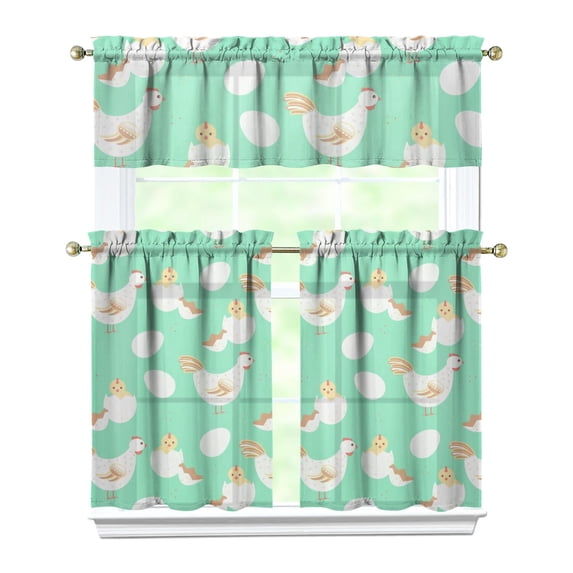 3 PCS Farmhouse Kitchen Curtains Set with Valance - Chicken & Egg Cartoon Print Semi-Sheer Tier Curtains for Windows, Farm Animal Theme